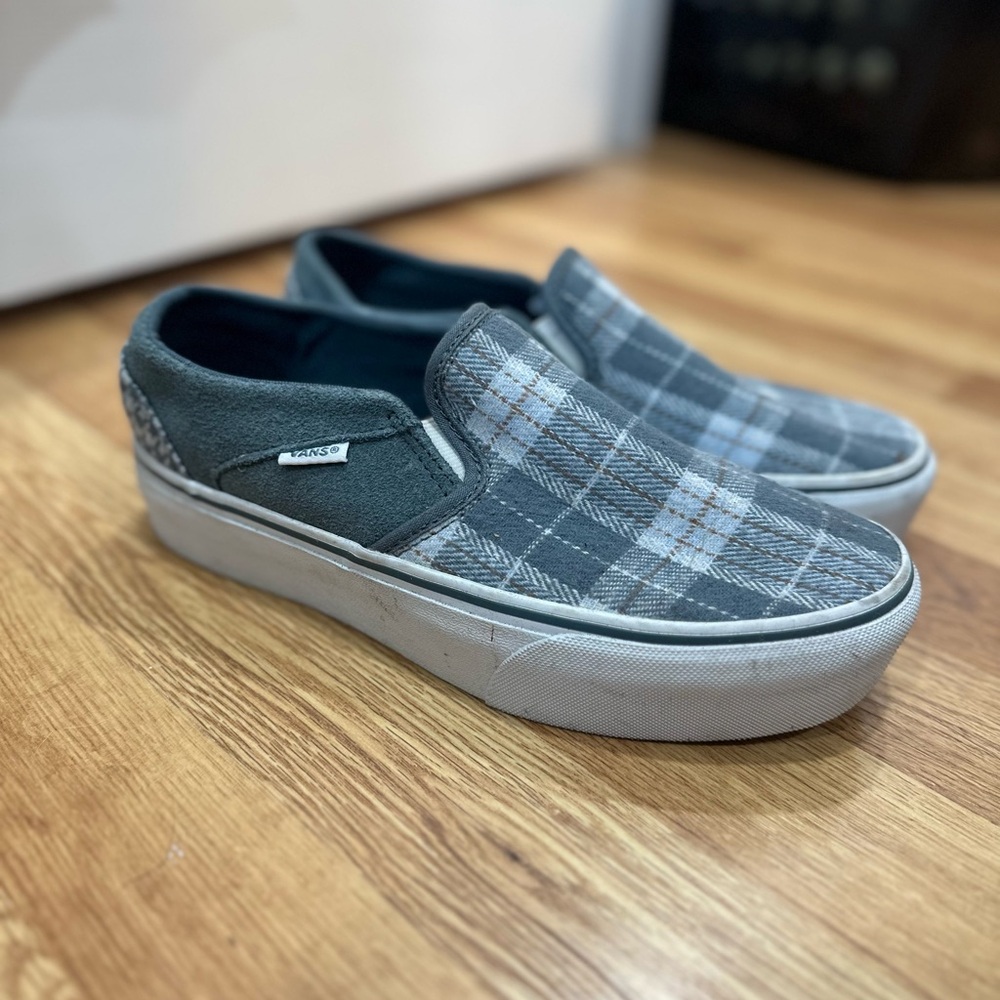 Vans Gray Blue and White Plaid Slip-On Shoes